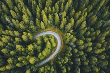 Aerial View of Dense Green Forest with Winding Road Cutting Through, No Other Structures Visible, High Vantage Point Capture