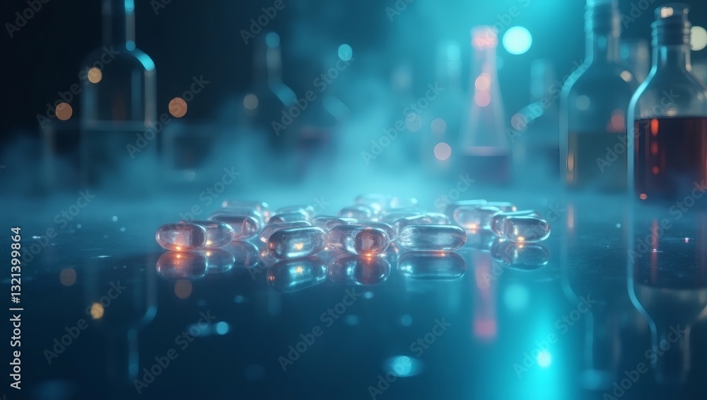 Aufkleber a collection of small medicine pills are arranged on a table with blurred bottles in the background