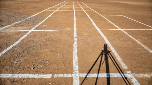 Surveyor equipment casting moving shadow on ground, revealing precise land measurement process during bright sunny conditions with professional geodetic survey methodology