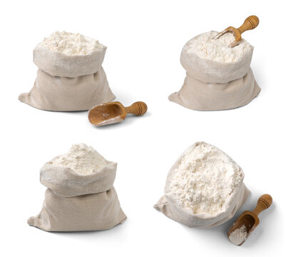 Bag with flour and wooden scoop isolated. Set of flour in bag with spoon.