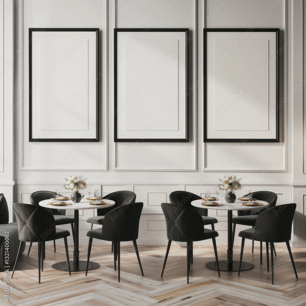 Poster minimalist dining area with three empty frames. two round tables with chairs. and wooden floors
