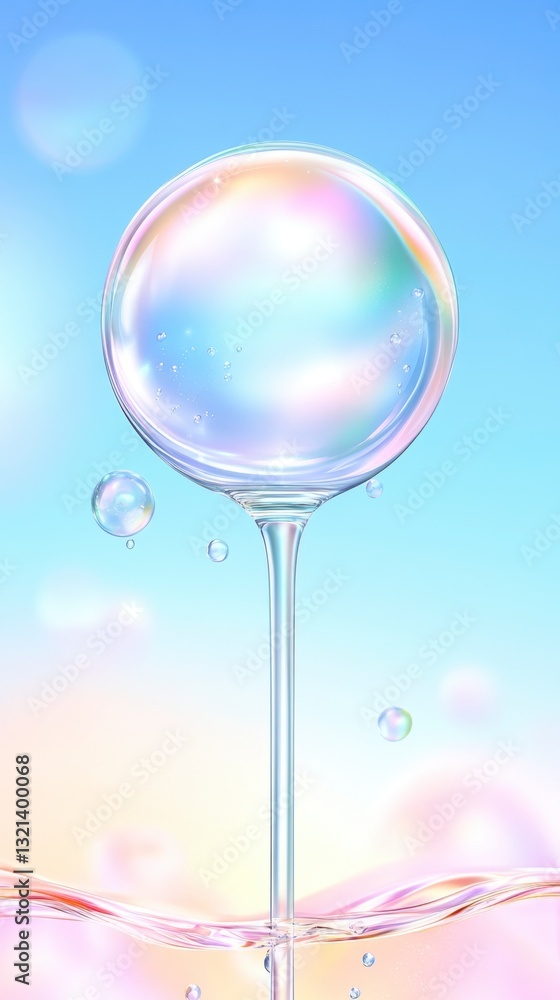 Poster an iridescent, spherical droplet of liquid on a thin stem, with smaller bubbles floating around it a