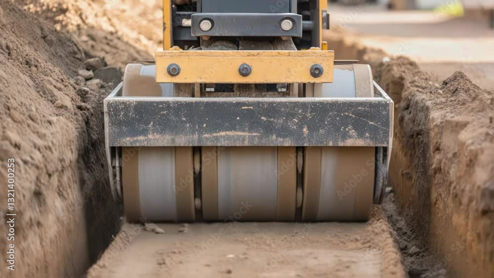 Poster powerful vibratory roller compacting hard packed soil within narrow trench, ensuring ground stabilit