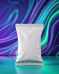 Chips bag mockup with a futuristic neon swirl background.