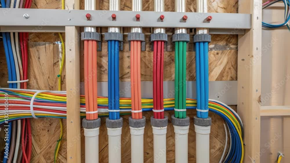 Poster Multiple pex pipes, secured with metal brackets, and colorful electrical wires create a complex network within a wooden frame structure during a residential building's electrical installation