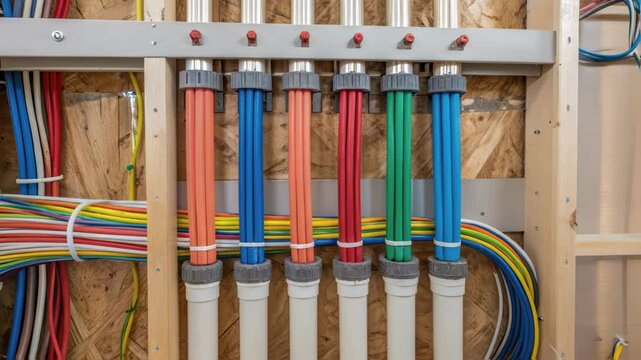 Multiple pex pipes, secured with metal brackets, and colorful electrical wires create a complex network within a wooden frame structure during a residential building's electrical installation