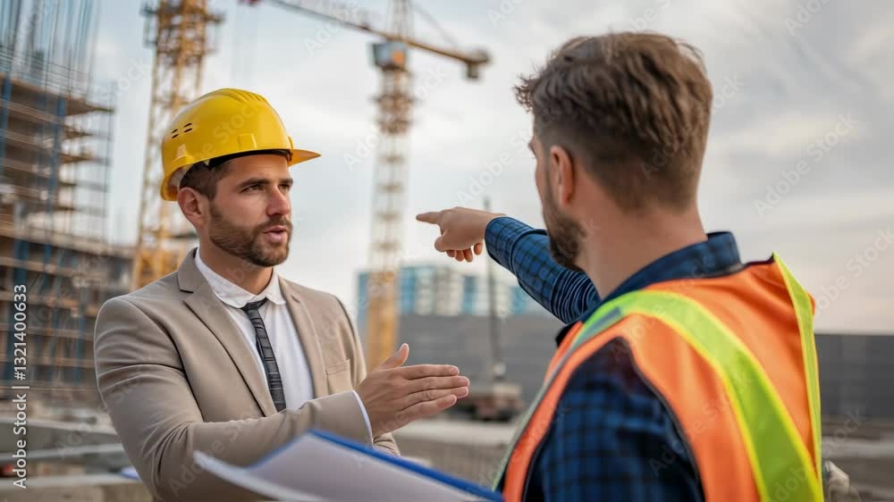 Poster Architect and construction engineer collaborating at building site, reviewing blueprints and discussing structural elements of ongoing project development