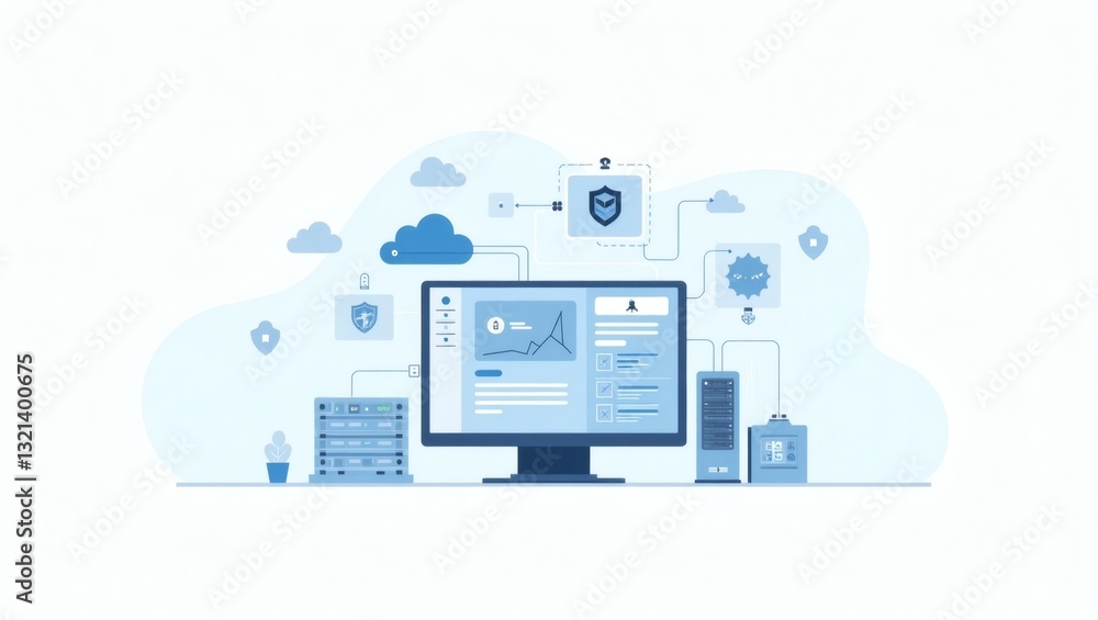 Poster a conceptual illustration of a computer screen displaying data analytics connected with cloud and other digital elements around it 