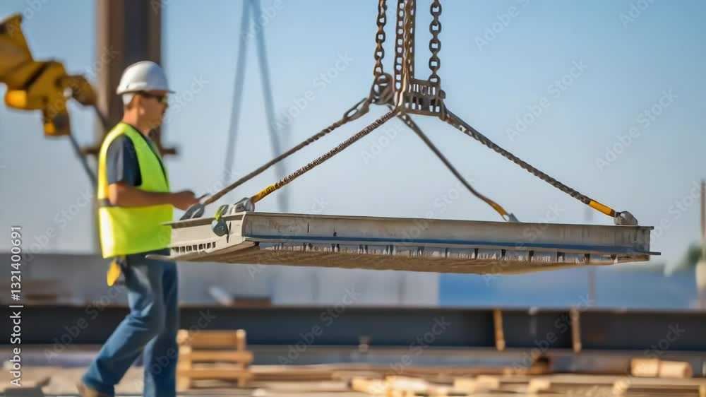 Poster Construction workers coordinating lifting a metal platform using chains and ropes at a building site, ensuring safety and efficiency during the construction process