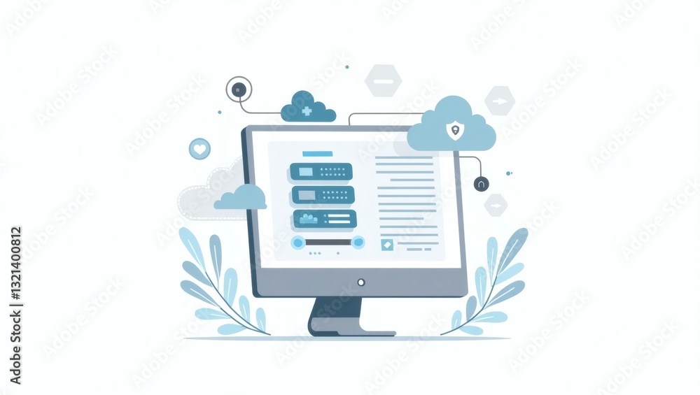 Poster a digital illustration of a computer monitor displaying cloud computing concepts, with a clean, minimalist design