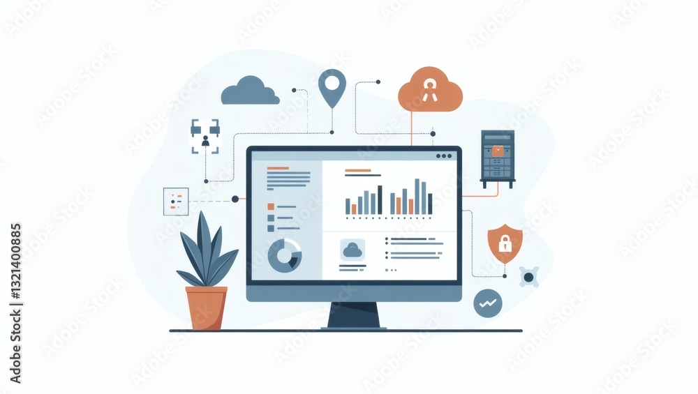 Poster a computer screen displaying data analysis charts and graphs, surrounded by various icons representing different technological elements