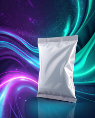 Chips bag mockup with a glowing abstract design in the background.