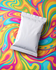 Chips bag mockup against a vivid rainbow background with chips in the foreground.