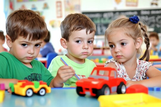 Children playing with colorful building blocks and toy car in a classroom, surrounded by classmates and chalkboard