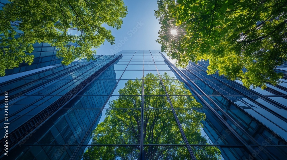 Poster towering glass structures rise against a cloudless sky, reflecting the vibrant green leaves of trees
