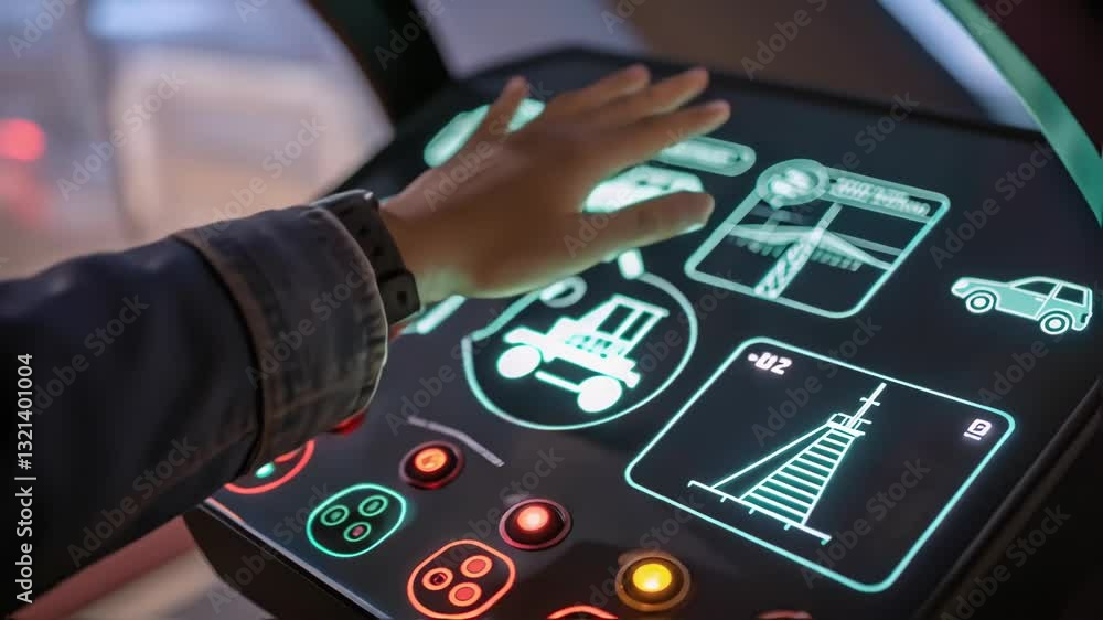 Fototapete Engineer uses a futuristic touchscreen control panel with various indicators and controls, suggesting advanced technological interaction and monitoring