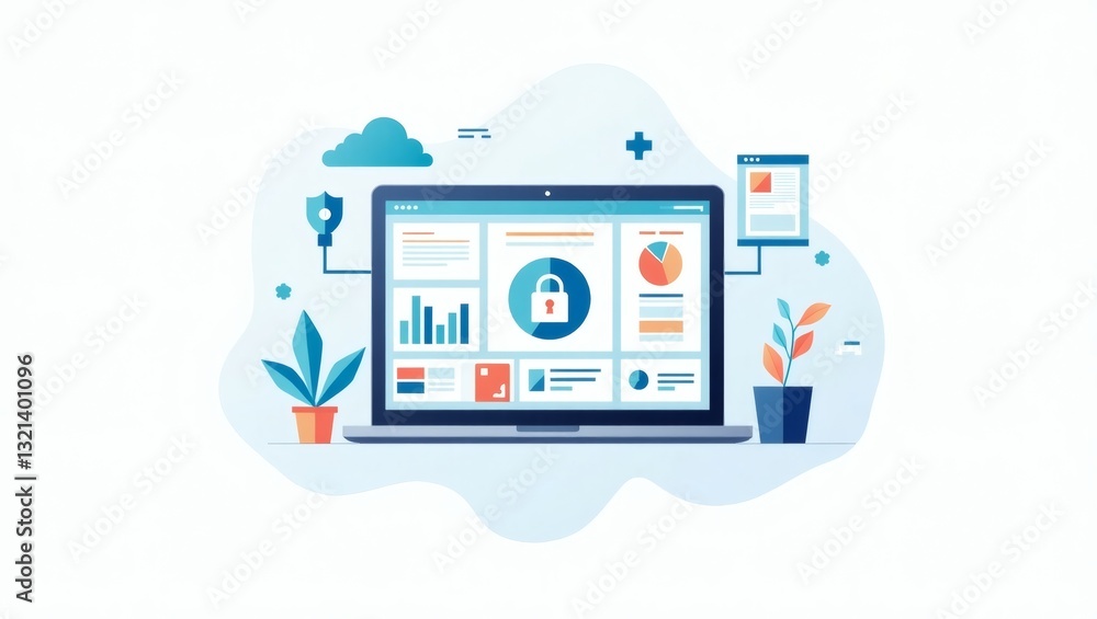 Poster a digital illustration of a secure data management system displayed on a laptop and tablet