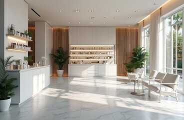 Modern beauty salon headquarters office interior with retail, lobby space. Minimalist design with white furniture, wood panels, cosmetic products, natural light creates spacious, luxury atmosphere.