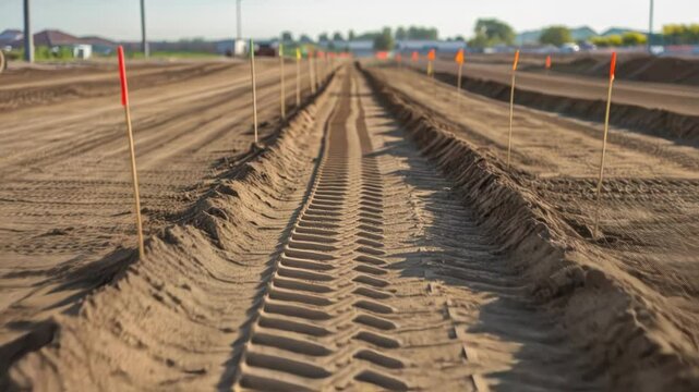 Construction landscape revealing parallel tire tracks cutting through dirt ground, marked by bright orange flags under clear sky, highlighting infrastructure development and industrial progress