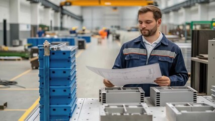 Young engineer meticulously reviewing blueprints alongside manufactured components in a bustling factory setting, ensuring adherence to design specifications and quality control