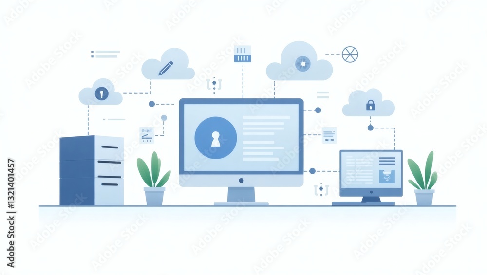 Poster depicting a digital cloud network with computers and interconnected icons. It represents technology and data storage