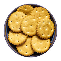 Round golden-brown crackers with scalloped edges in bowl