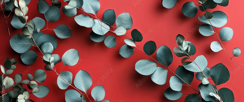 Poster eucalyptus leaf pattern on red plain background digital abstract art work illustration design