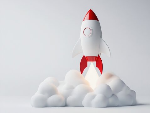 Red and white rocket launching from clouds. (1)