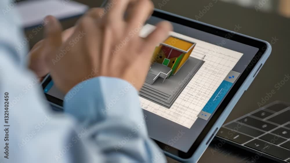 Aufkleber Professional architect manipulating a 3d model of a house on a tablet, using cad software, exploring different design options and perspectives