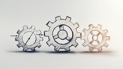 Interconnected Gears Sketch Teamwork and Mechanical Process
