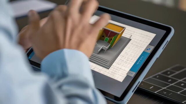 Professional architect manipulating a 3d model of a house on a tablet, using cad software, exploring different design options and perspectives