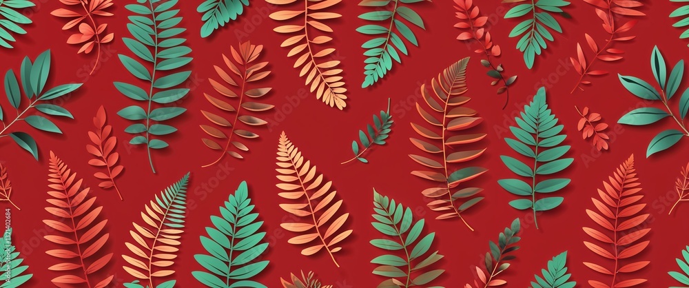 Poster fern leaf pattern on red plain background digital abstract art work illustration design