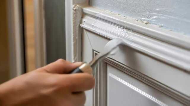Professional worker uses a putty knife to carefully apply and smooth white putty onto a decorative wooden molding, preparing it for painting