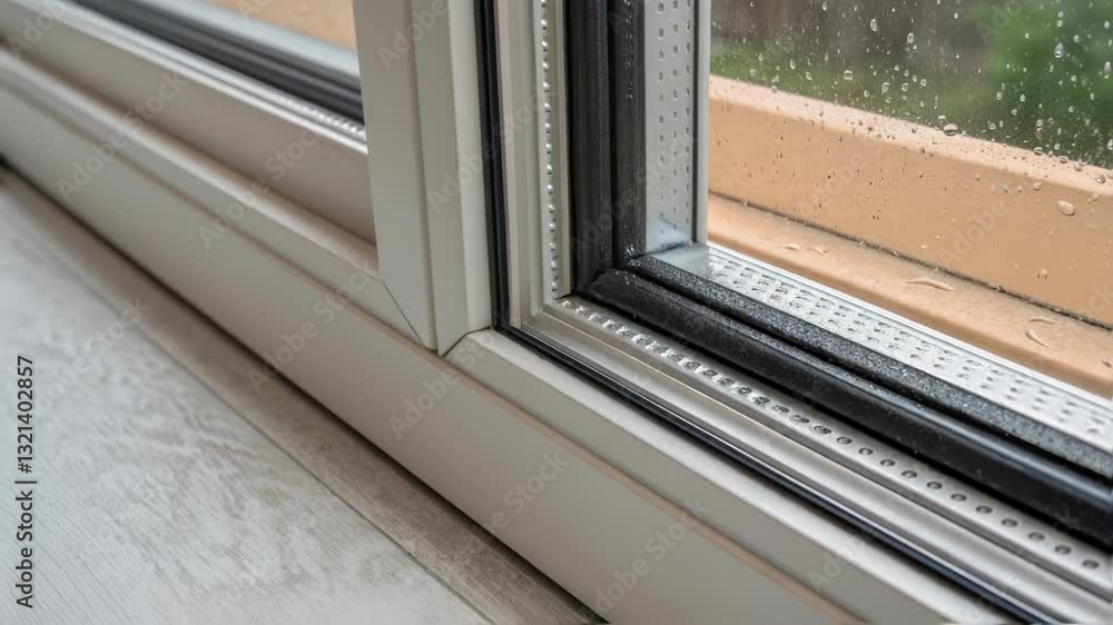 Poster water droplets gradually forming and accumulating on windowpane, revealing intricate condensation pr
