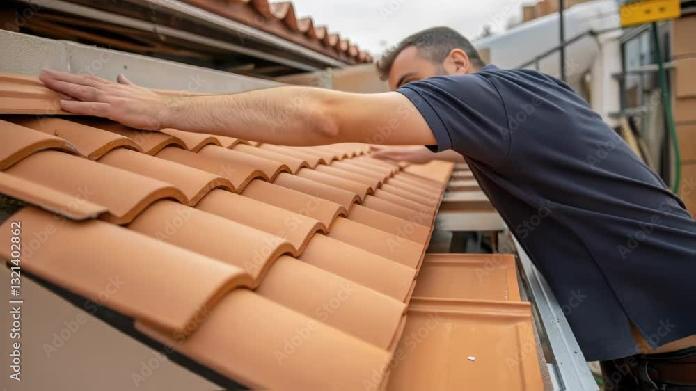 Poster Professional builder carefully checking new terracotta roof tiles installation, ensuring correct alignment and secure placement for a durable and weatherproof finish