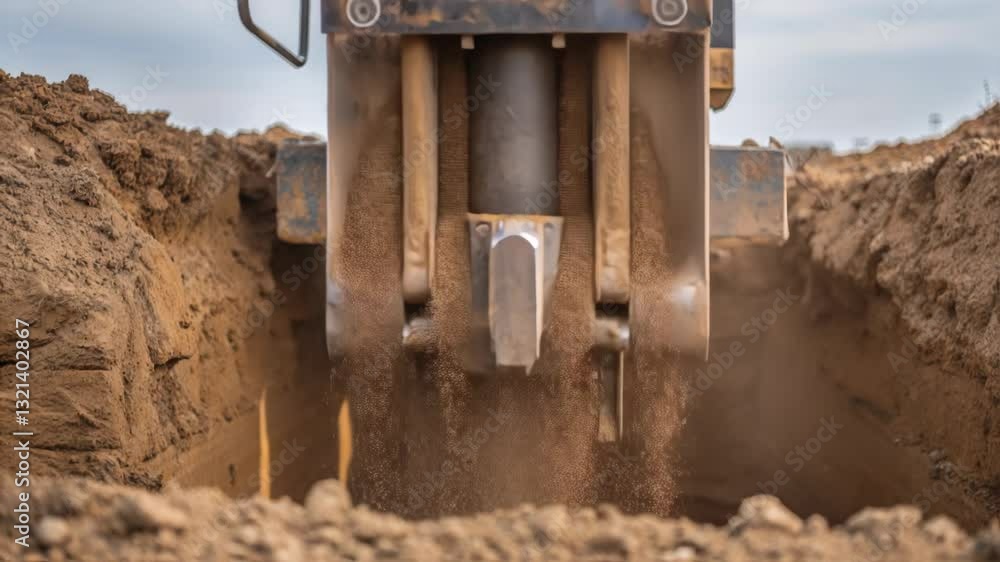 Poster powerful hydraulic excavator digging deep trench, moving massive amounts of earth and generating dus
