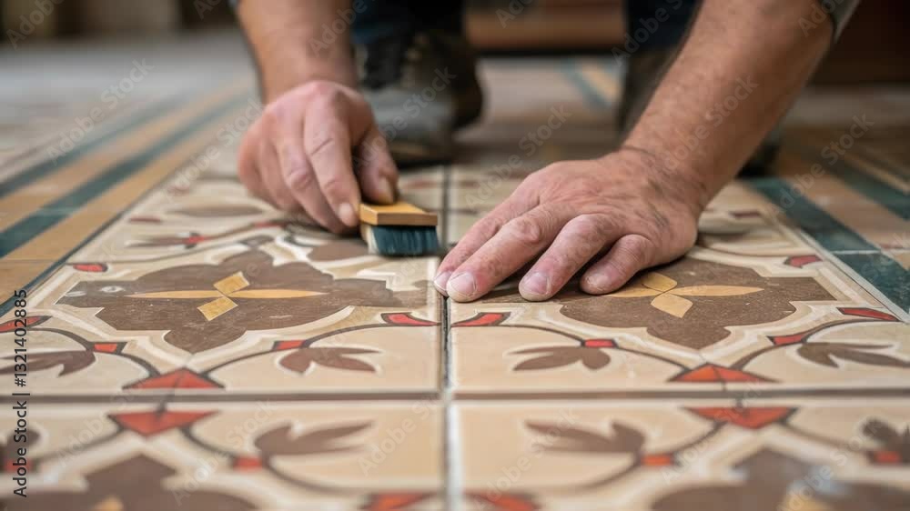 Poster Tiler carefully cleaning grout lines of newly installed cement tiles floor using small brush, ensuring perfect finish and enhancing intricate tile pattern