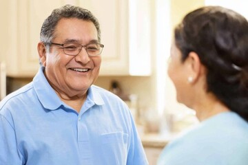 Fototapeta premium Elderly couple happily conversing in a kitchen, man in blue shirt and glasses, woman in light blue, smiling