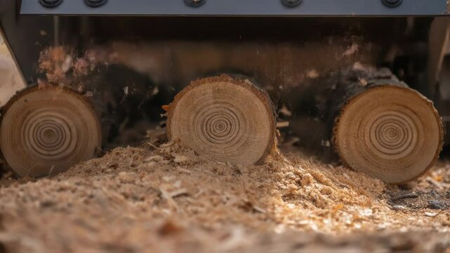 Professional woodchipper processing pine and fir logs, transforming timber into wood chips on ground during forestry operations, showcasing industrial wood processing machinery working efficiently