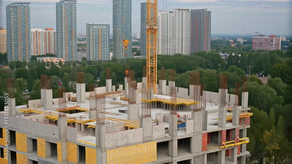 Poster Construction engineer wearing safety helmet uses digital tablet displaying 3d model of a building, comparing it with real building under construction