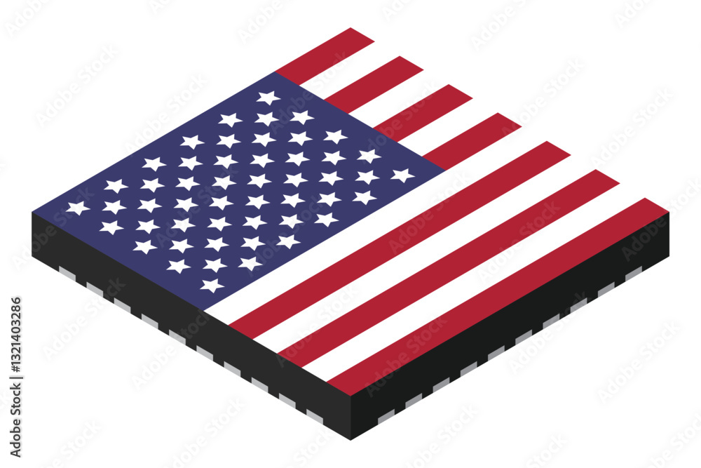 Fototapete Microchip computer electronic component with USA flag. Microchip icon. Isometric microchip. Computer processor technology. Microprocessor