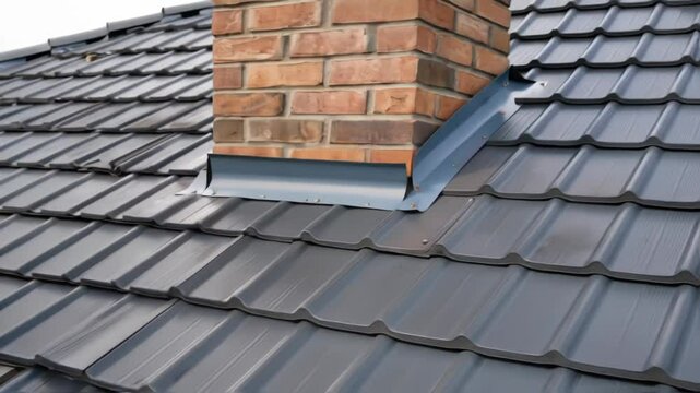 Roofers are installing metal flashing around a brick chimney on a newly tiled roof, ensuring a watertight seal to prevent leaks and protect the house structure