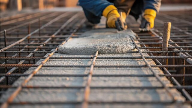 Construction worker wearing protective gloves spreading fresh concrete across reinforced metal grid. Carefully leveling surface for robust building foundation in professional construction environment
