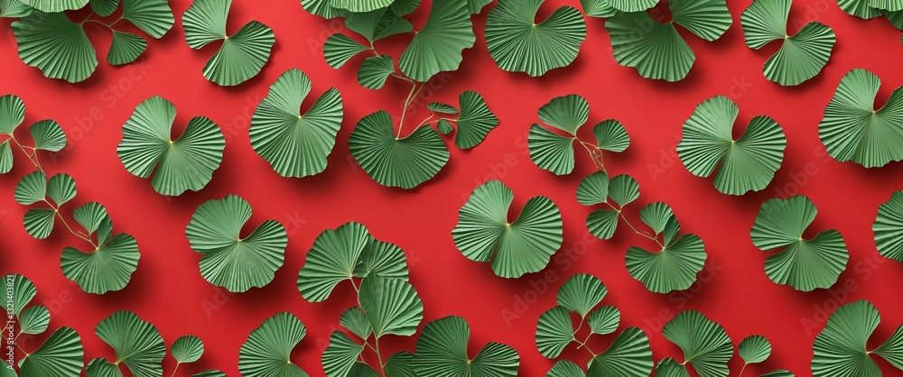 Aufkleber ginkgo leaf pattern on red plain background digital abstract art work illustration design