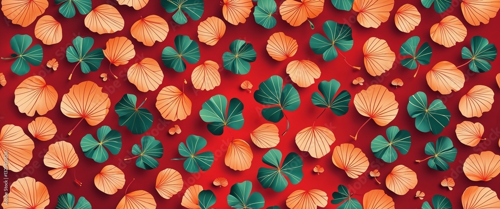 Poster ginkgo leaf pattern on red plain background digital abstract art work illustration design