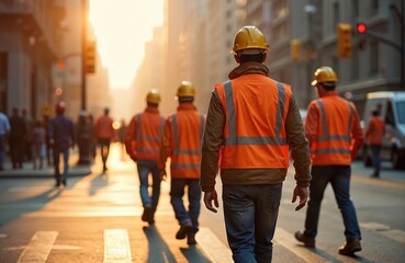 Group of construction workers in safety jackets, helmets walking on sunny city street. Team of engineers, builders going to construction site, discussing project. Urban development, architecture,