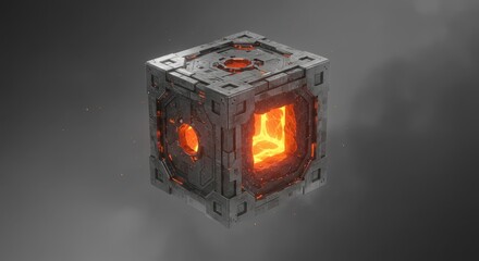 Glowing Core: A Futuristic Cube with an Internal Fiery Heart