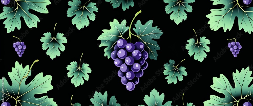 Poster grape leaf pattern on black plain background digital abstract art work illustration design