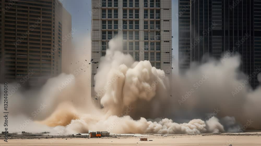 Poster brown dust and debris explode from a building during a controlled demolition, creating a large, expa