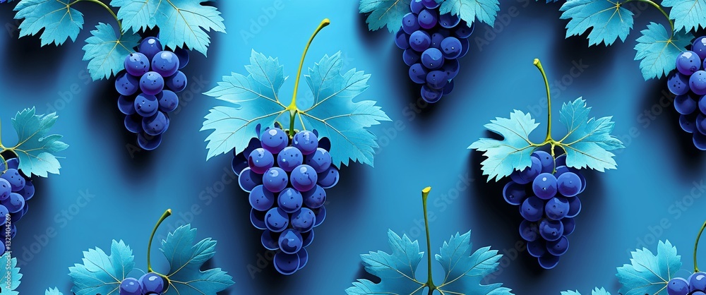 Poster grape leaf pattern on cyan plain background digital abstract art work illustration design